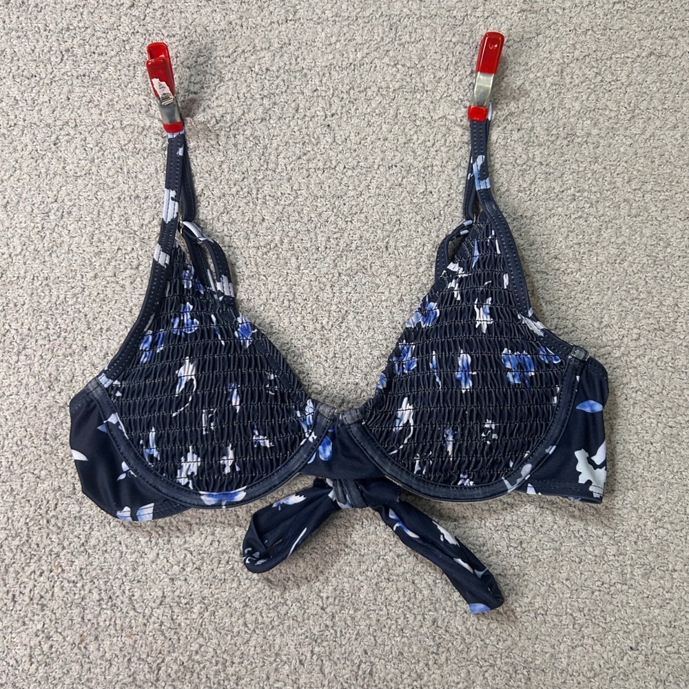 Bikini Top Smocked Underwire S/M Navy Blue Floral Coastal Cottagecore Beach
